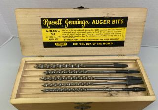 Vintage Russell Jennings Auger Drill Bits Stanley In Wooden Box 100rj