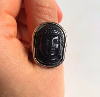 Vintage Buddha Black Amethyst Stone Sterling Silver Men’s Ring Size 11 1/2 F&i