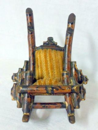Antique Primitive Folk Tramp Art Tree Branch Wood Rocking Chair Pin Cushion 1800