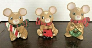 3 Vintage Homco Christmas Mice - Candy Cane/wreath/train - 5210 -