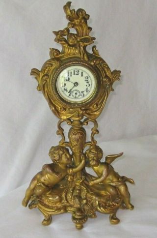 Antique Vtg 1894 Art Nouveau Metal Mantle Clock Cherubs Gold Gilt Over Copper