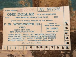 1935 Prepaid Sales Tax Card Ohio One Dollar F.  W.  Woolworth Rare
