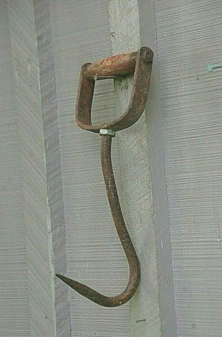 Old Vintage Red Hay Hook W Wooden Handle Primitive Rustic Country Farm Tool C