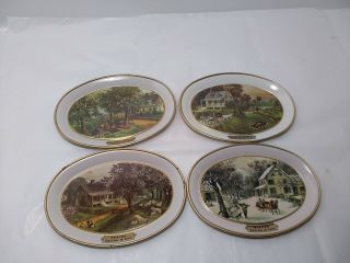 Set Of 4 Currier And Ives Mini Tin Plates Vintage Made In Usa Seasons