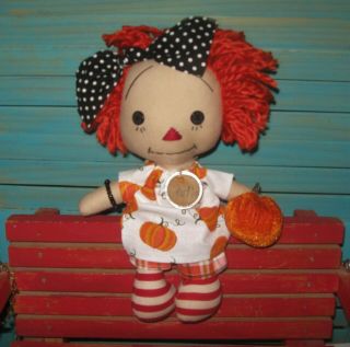 Orange Hair Primitive Fall Raggedy Ann Annie Doll - Holding Pumpkin - - Ooak