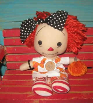 Orange Hair Primitive Fall Raggedy Ann Annie Doll - Holding Pumpkin - - OOAK 2
