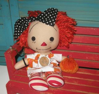 Orange Hair Primitive Fall Raggedy Ann Annie Doll - Holding Pumpkin - - OOAK 3