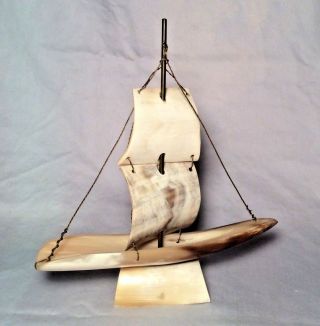 Vintage Hand Made Bone Horn Sailboat Boat Ship Single Mast 7 "