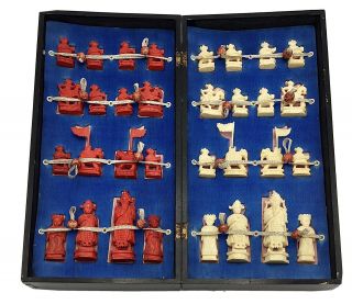 Vintage Chinese / Oriental / Asian Hand - Carved Bovine Bone Chess Set,  Complete