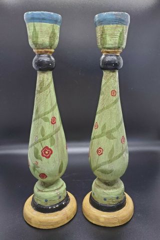 Vintage Wooden Hand Painted Candlestick Holders