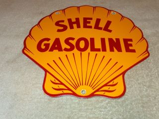 Vintage Shell Gasoline Die - Cut 11 3/4 " Porcelain Metal Gas & Oil Sign Pump Plate