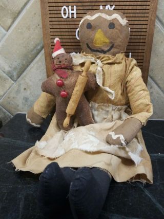 Primitive Gingerbread Doll Girl Christmas With Gingerbread Ornie