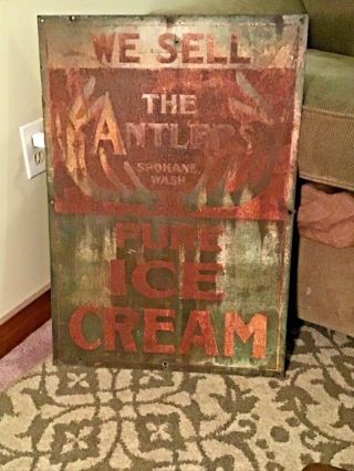 Vintage 1950’s “we Sell Antler’s Ice Cream’ Metal Sign - (29” X 19.  5”)