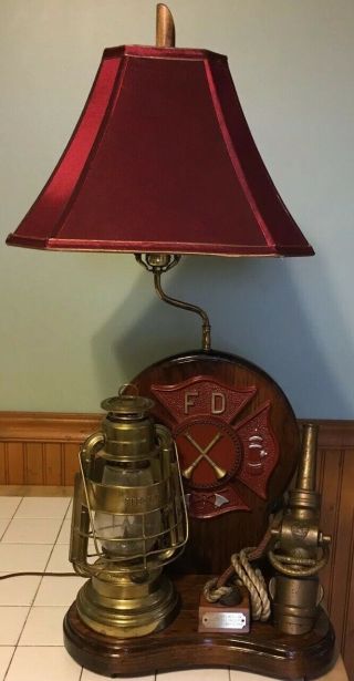 Rare Vintage Custom Fire Department Shade Lamp Americana Lantern Nozzle Plaque