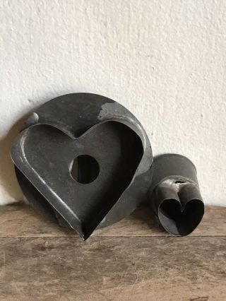 2 Best Old Tin Antique Heart Cookie Cutters Dark Patina Unusual Form Aafa