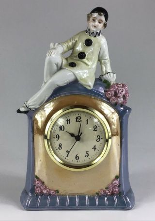 Vintage German Art Deco Dresser Clock Seated Pierrot Clown W/roses Lusterware