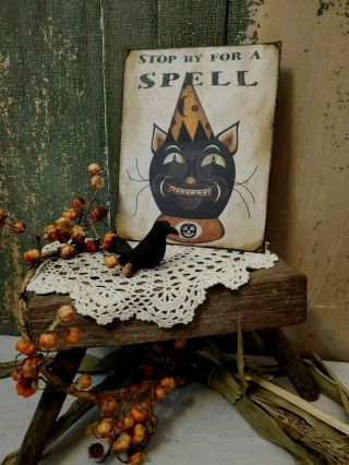 Primitive Vintage Folk Art Homestead Fall Halloween Black Cat Spell Canvas Sign