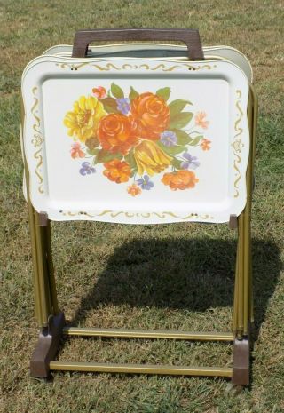 Vintage Tv Trays Set Of 4 With Stand Floral Flower Mid Century Modern Mcm
