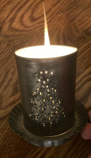 American Folk Art Punched Pierced Tin Sheet Metal Candle Lantern Lamp Xmas Tree