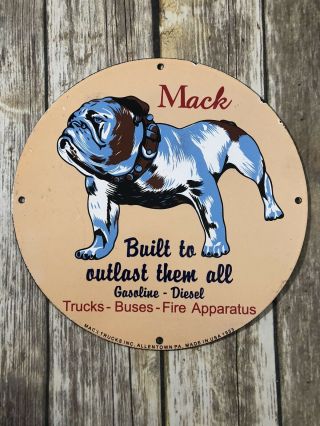 Vintage 1953 Mack Trucks W/ Bulldog 12” Porcelain Metal Gasoline & Oil Pump Sign