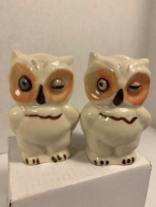 Vintage Winking Ceramic Owl Salt And Pepper Shakers