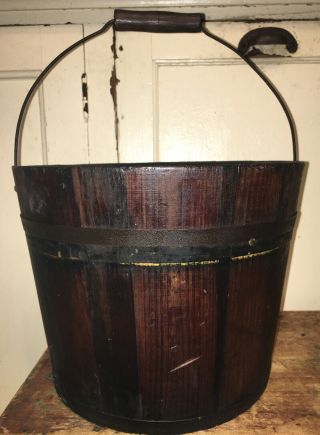 Antique Tongue And Groove Wooden Bucket - Wire W/ Wooden Handle,  Primitive