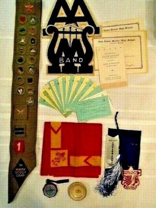 Boy Scout Vintage 1938 Merit Badge Sash,  Scarf,  Merit Cards,  Pennant & Misc.