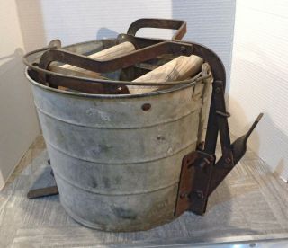 Vintage Galvanized Metal Mop Bucket With Wood Rollers Wringers