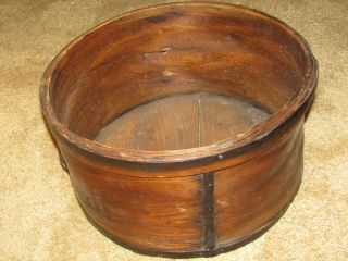 Antique Primitive Round Wood Cheese Box With Metal Rim And Supports