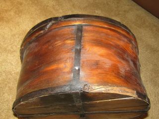 ANTIQUE PRIMITIVE ROUND WOOD CHEESE BOX WITH METAL RIM AND SUPPORTS 3