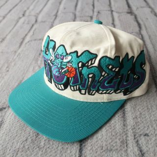 Vintage 90s Charlotte Hornets Graffiti Snapback Hat Cap White 2