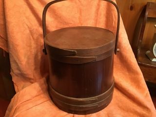 Vintage Primitive Wood Swing Handle Firkin With Cover