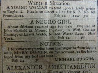 Orig 1801 Nyc Newspaper Slavery History Negro Girl African - American Ads