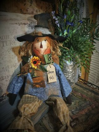 Primitive 20in Blue Scarecrow Dressed Abric Handmade Country Old Rusty Doll