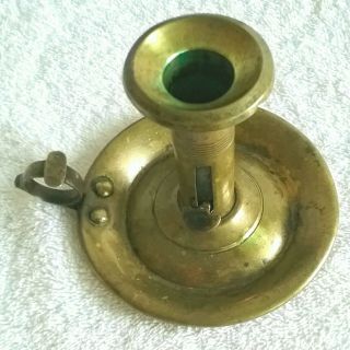 Antique Mid 1800 ' s Brass Push Up Chamberstick Candlestick With Candle 2