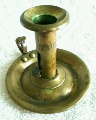 Antique Mid 1800 ' s Brass Push Up Chamberstick Candlestick With Candle 3