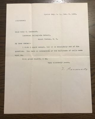 President Theodore Roosevelt 1898 Typed Letter Signed As Governor - Elect Of Ny