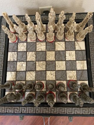 Vintage Latin Aztec Vs Spanish Conquistadors Wood Chess Set Game