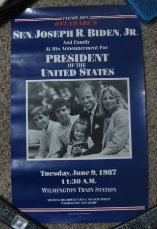 1987 Delaware Sen.  Joe Biden & Family For President Picture Campaign Poster