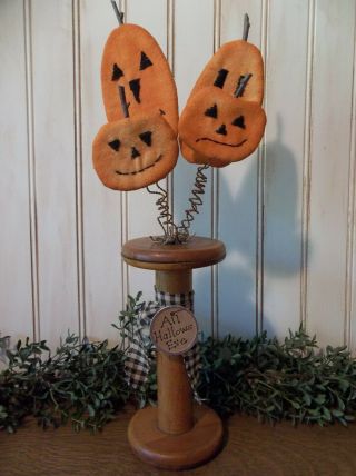 Primitive Handmade Jack - O - Lanterns In Vintage Wood Spool - Halloween/fall