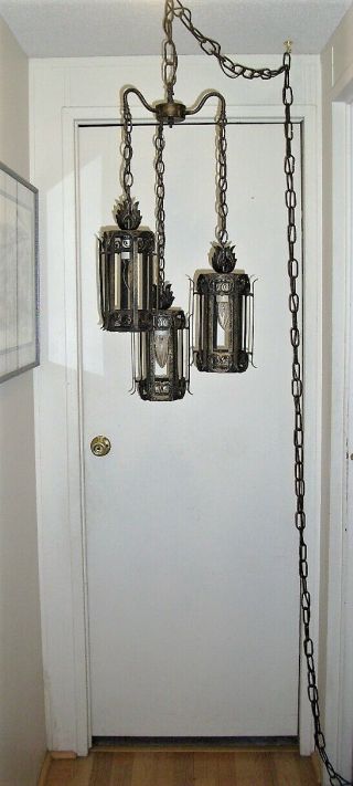 Vintage 3 Light,  3 Tier,  Hanging Swag Lamp,  Metal Gothic,  Medieval,  Mid Century