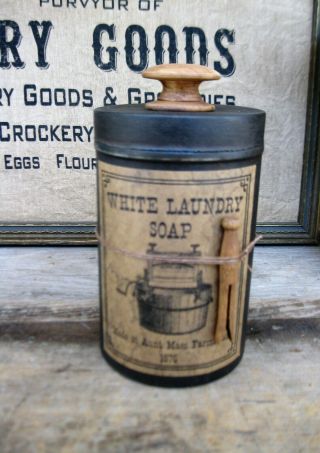 Early Antique Pantry Tin Black Milk Paint Laundry Soap Label Toy Clothespin