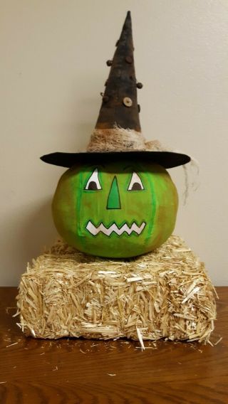 Primitive Halloween Pumpkin Head Witch Doll Shelf Sitter
