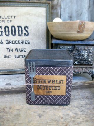 Primitive Antique Pantry Tin Buckwheat Muffins Brown Calico Old Tin Fork