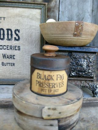 Early Antique Pantry Tin Black Milk Paint Black Fig Preserves Label