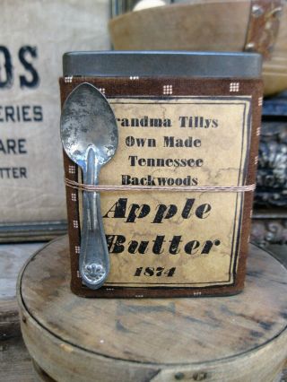 Primitive Antique Pantry Tin Apple Butter Label Brown Calico Old Tin Spoon