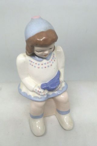 Sweet Vintage 1940s California Pottery Sitting Girl With Blue Bird Figurine