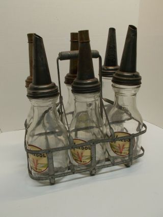 Vintage 6 - Bottle Metal Rack W/ Glass Oil Bottles W/ Master Spouts