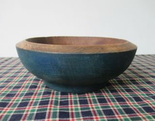 Vintage Bowl Small 7 " Round Oak Wood Primitive Country,  Raised Base,  Blue Paint