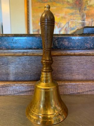 Vintage Brass School Bell W Wood Handle Dinner Come To Call